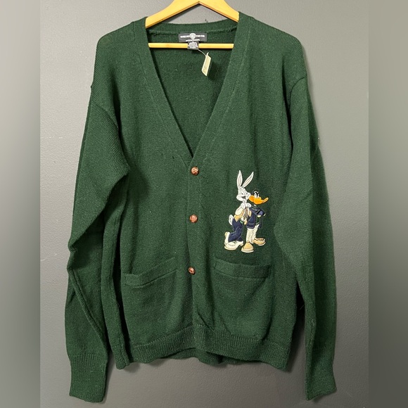 Vintage Warner Bros Studio Green Button Up Cardigan Bugs Bunny and Donald Duck - Picture 3 of 6